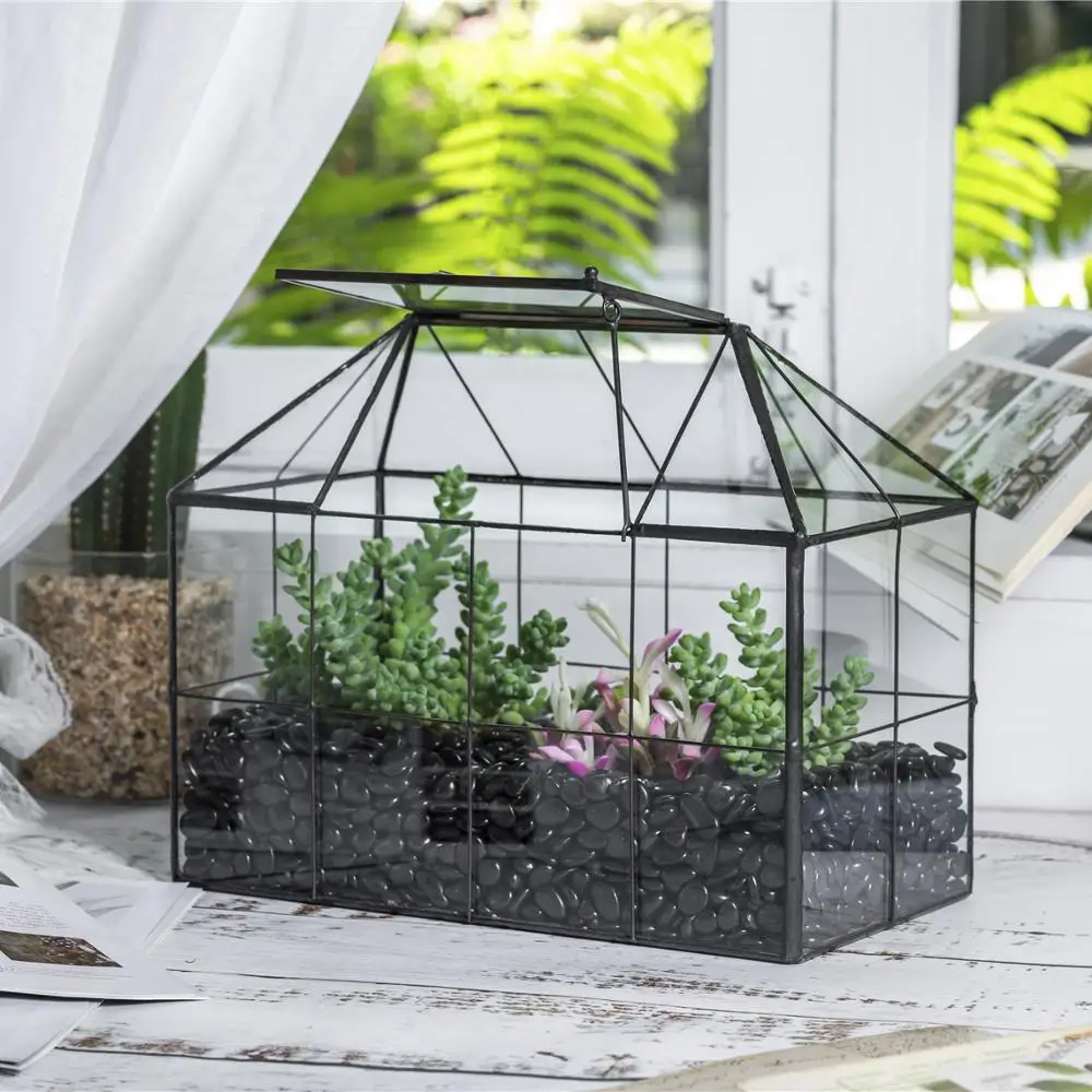 NCYP Modern Glass Geometric Terrarium Tabletop Vase Black Tin-Sealed Brass Black House Shape Container Glass Terrarium