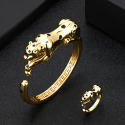 Zlxgirl jewelry luxury brand Jet Enamel leopard animal bangle and ring jewelry sets best men bracelet&bangle accessory aneis ane
