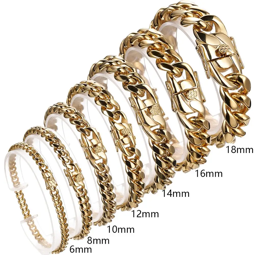 6/8/10/12/14/16/18mm Top Design Gold Color Stainless Steel Miami Cuban Curb Chain Mens Womens Bracelet Bangle 7-11inch Hotsale