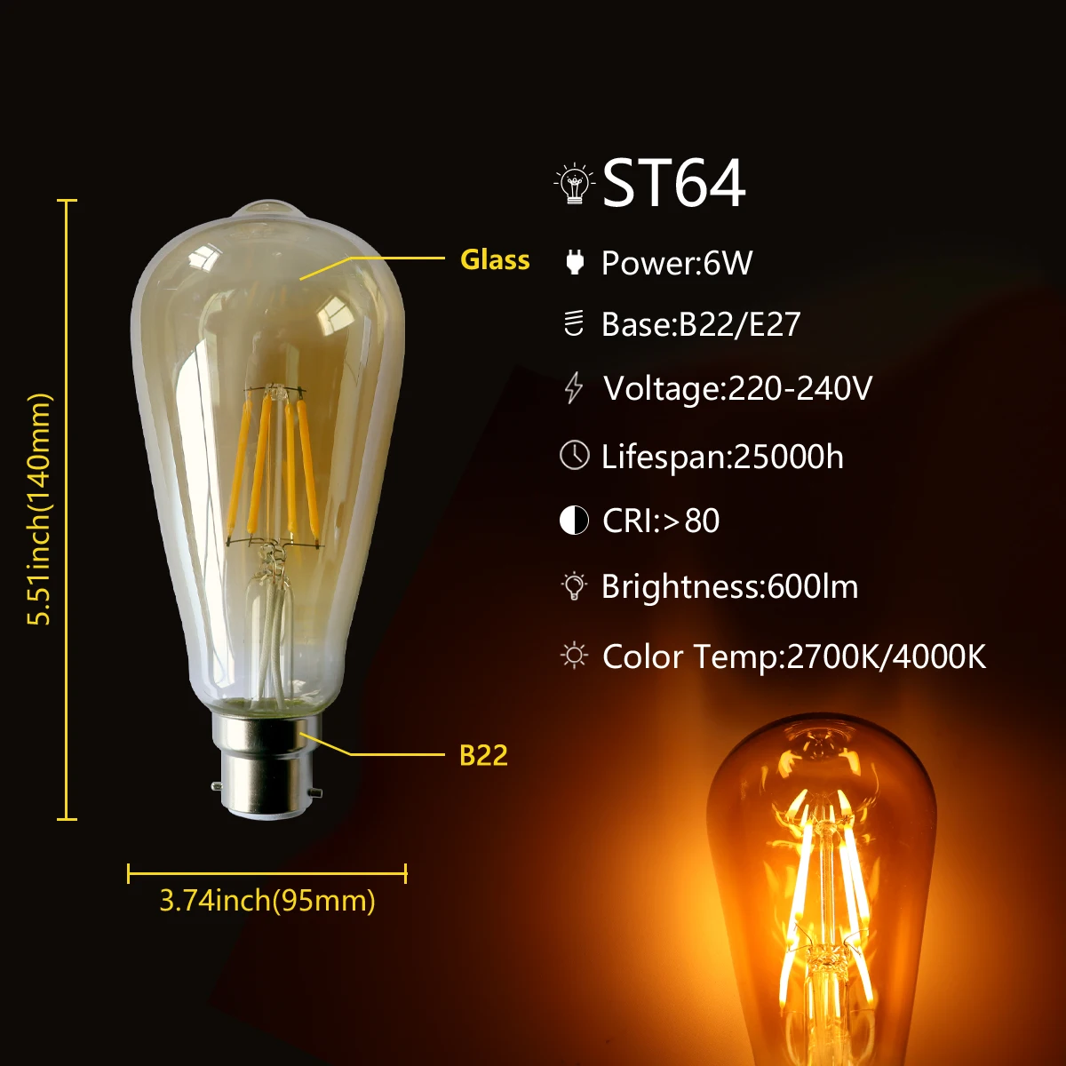 Retro Edison Filament Bulb St64 6w E27 B22 220-240v Vintage Lamp Gold Clear 2700k 4000k Glass Lamp Inner Decoration