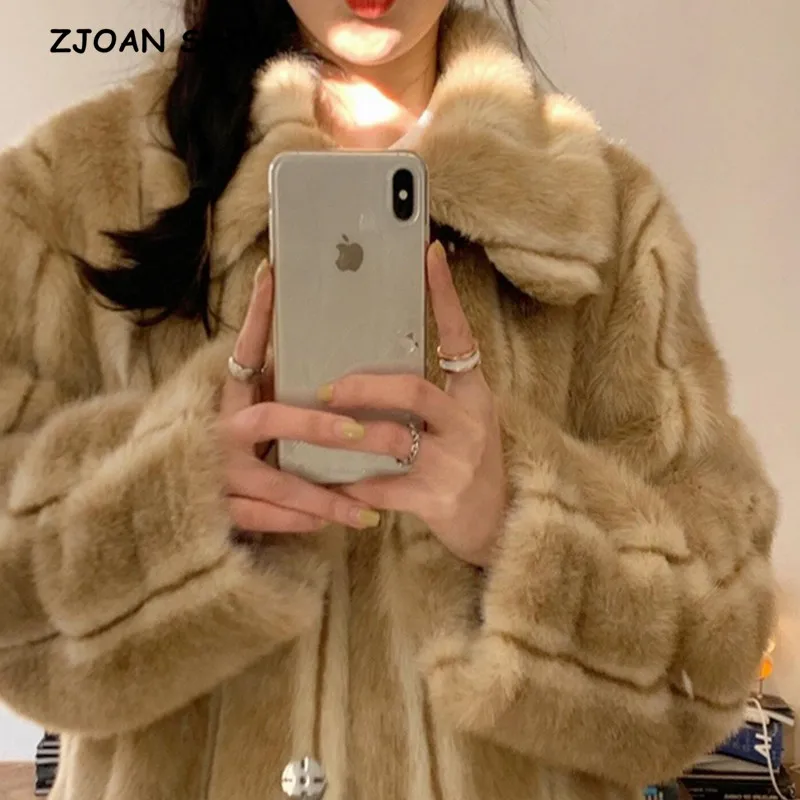 Winter Turn down Collar Lapel Hairy Shaggy Soft Faux Fur Coat Green Women Long Sleeve Furry Fur Warm Jacket Short Outerwear