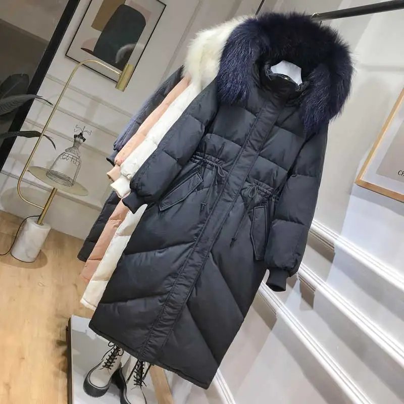 

Mid-length down jacket 2022 new explosion models Korean large fur collar loose winter white duck down jacket