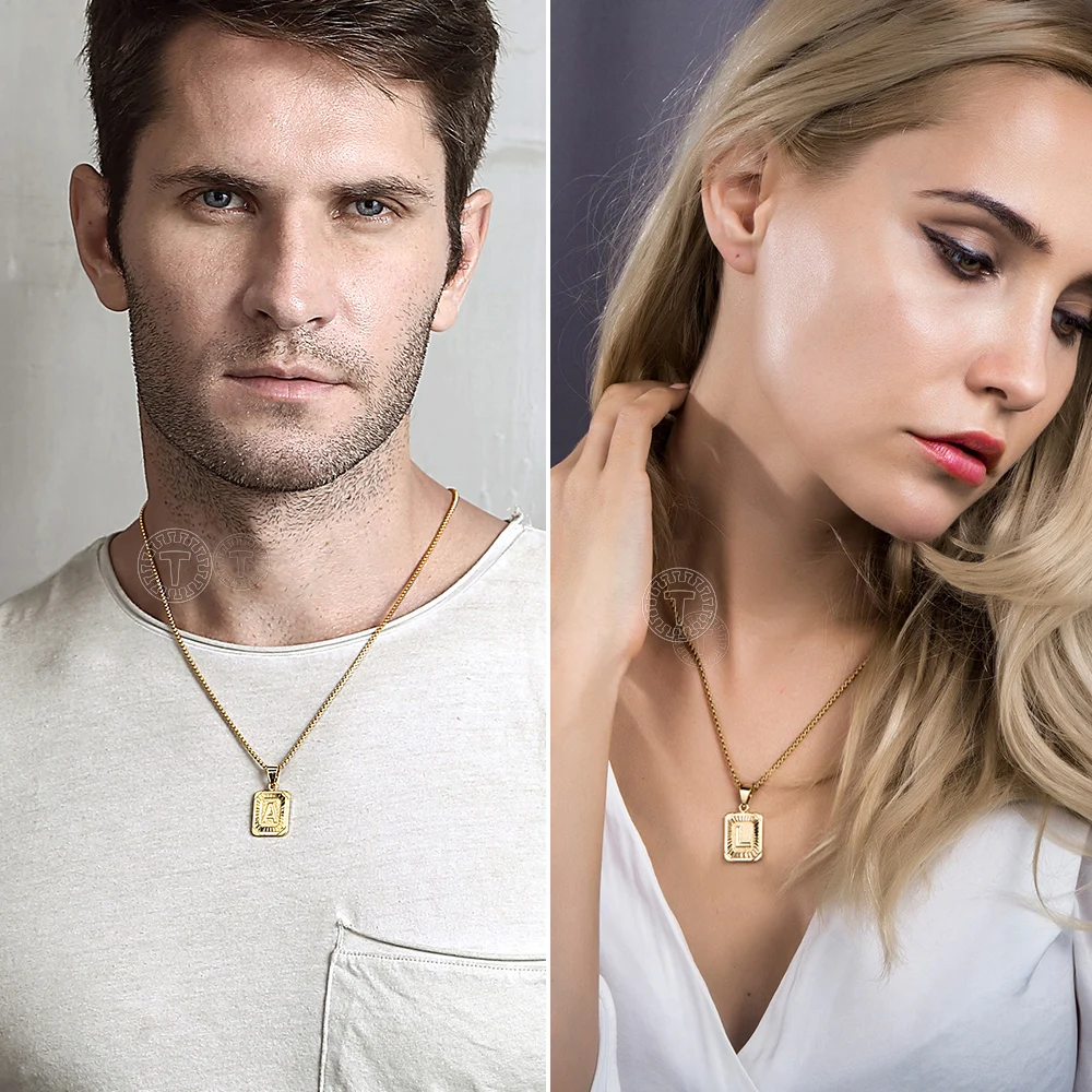 

Gold Color Initial Letter Pendant Necklace For Men Women Square A-Z 26 Alphabet Charm Name Necklace Wholesale Jewelry GPM05B