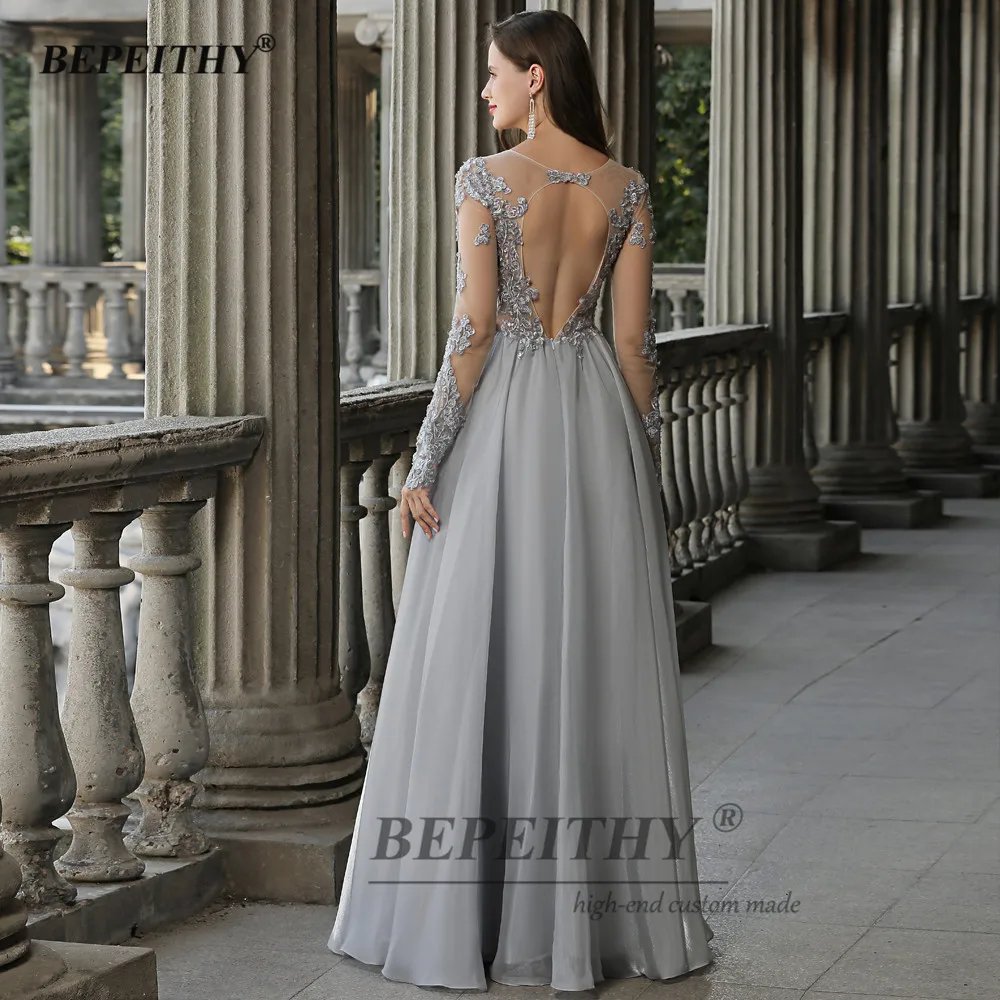 BEPEITHY Customized O Neck Long Sleeves Sliver Lace Evening Dresses For Women 2023 Spring A Line Floor Length Formal Prom Dress