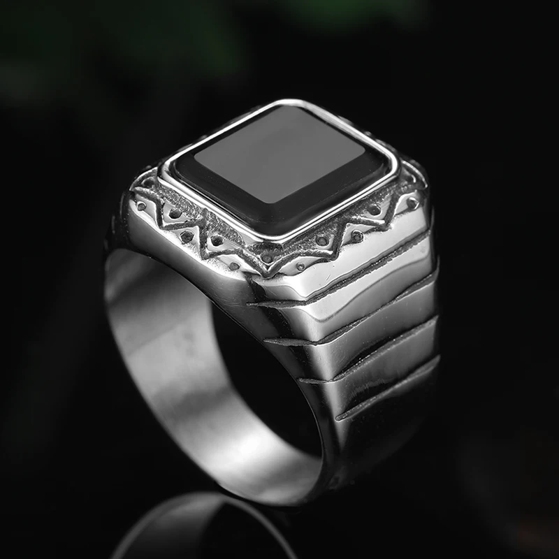 Real Stainless Steel Ring Simple For Men With Black Square Flat Gel Black Stone High Polishing Middle East Turkish JewelryOSR914