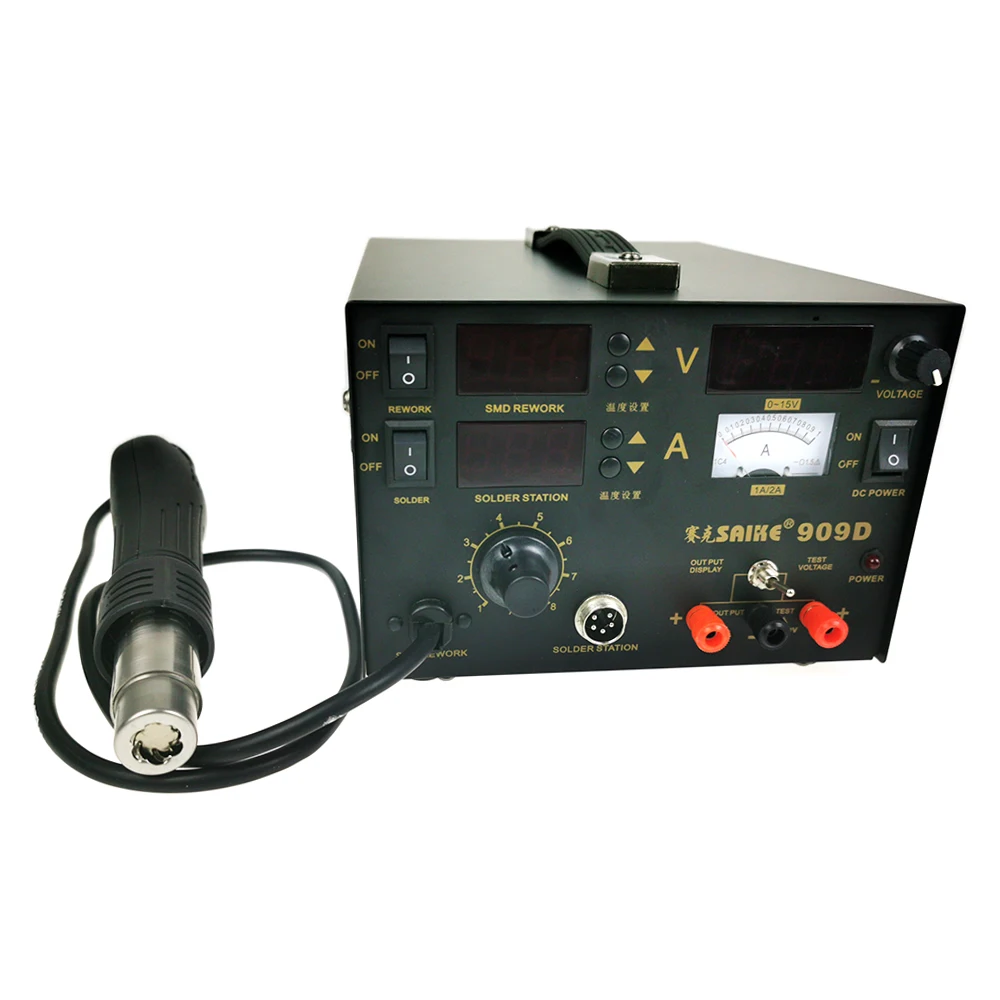 

SAIKE 909D Desoldering Station Soldering Iron + Hot Air Gun + Power Supply 3 in 1 smd rework soldering station hot air gun