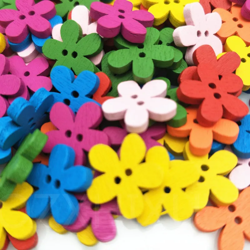 100pc Colorful Flower Wooden Buttons (2 holes button) Sewing Buttons DIY Craft 5BB5716