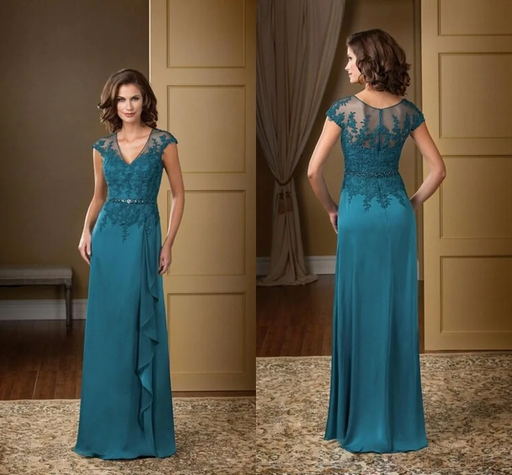 2015 High Quality Mother Of The Bride Evening Dress Teal Chiffon Cheap Women Formal Gowns Lace Top Design