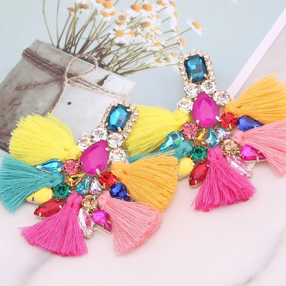 Big Earrings Rhinestone Dangle Drop Long Tassel Earings Boho India Earing For Women Fringe Female Wedding Jewelry Brincos Gifts