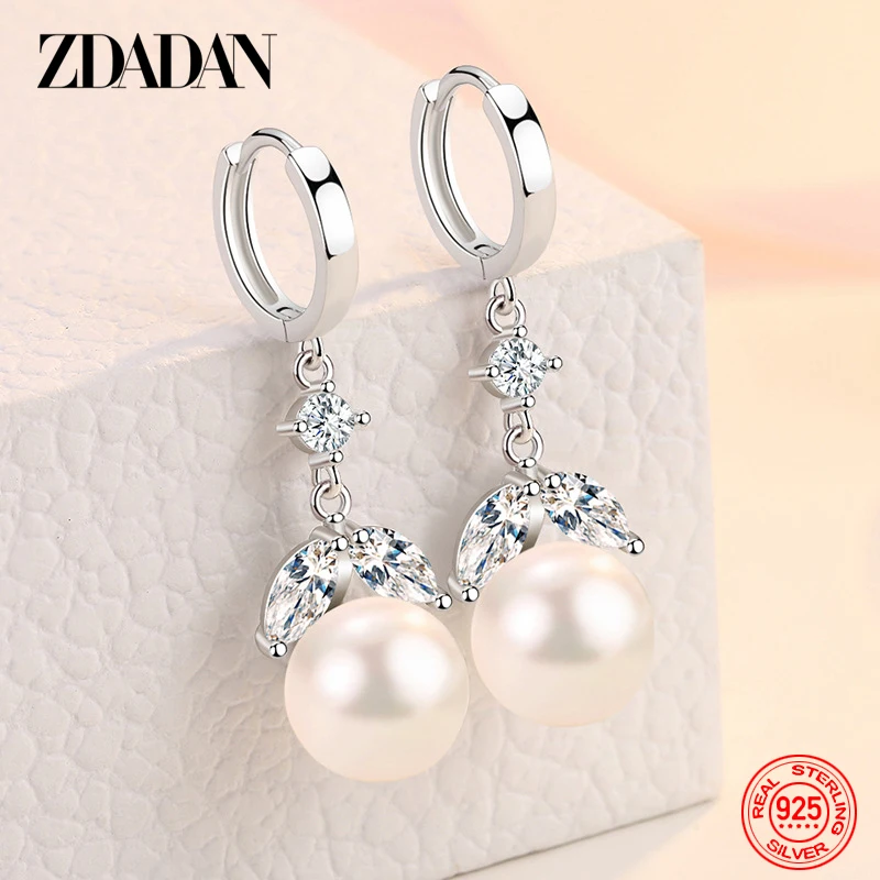 ZDADAN 925 Sterling Silver Leaf 12mm Pearl Earrings For Women Fashion Wedding Party Jewelry Gift