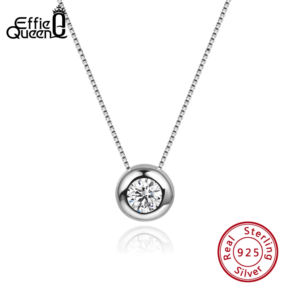 

Effie Queen Real Silver Pendant Necklaces With AAA CZ Round Shape 9mm Pendants Box Chain Wedding Necklaces Female Jewelry BN136