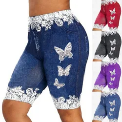 Women Yoga Shorts Leggings Summer Fake Denim Ladies Short Pants Summer Floral Printed High Waist Female Shorts