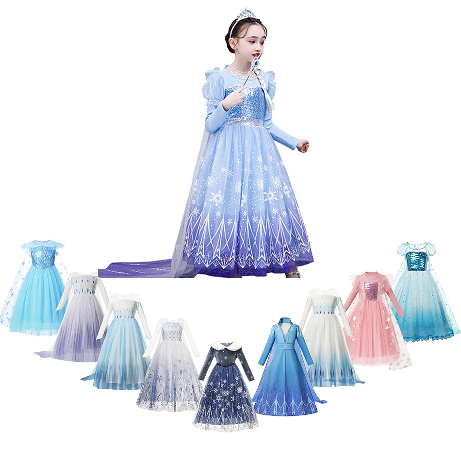 

New Elsa Dress Baby Girls Snowflake Mesh Princess Costume Kids Evening Party Snow Queen Long Sleeve Cosplay Role Playing Frocks