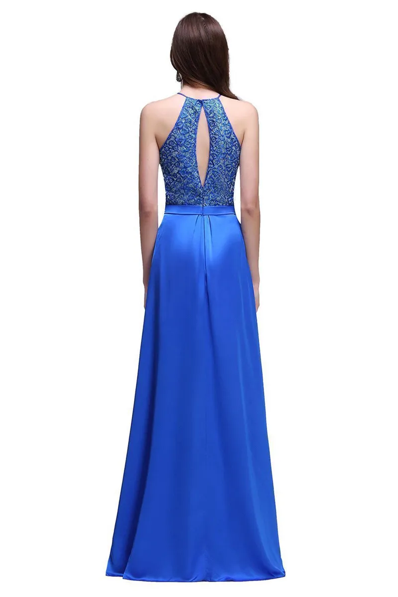 A-line Sequins Royal Blue Long Lace Evening Dress Long Luxury 2021 Halter Neck Vestido De Festa Sexy Backless Evening Gowns