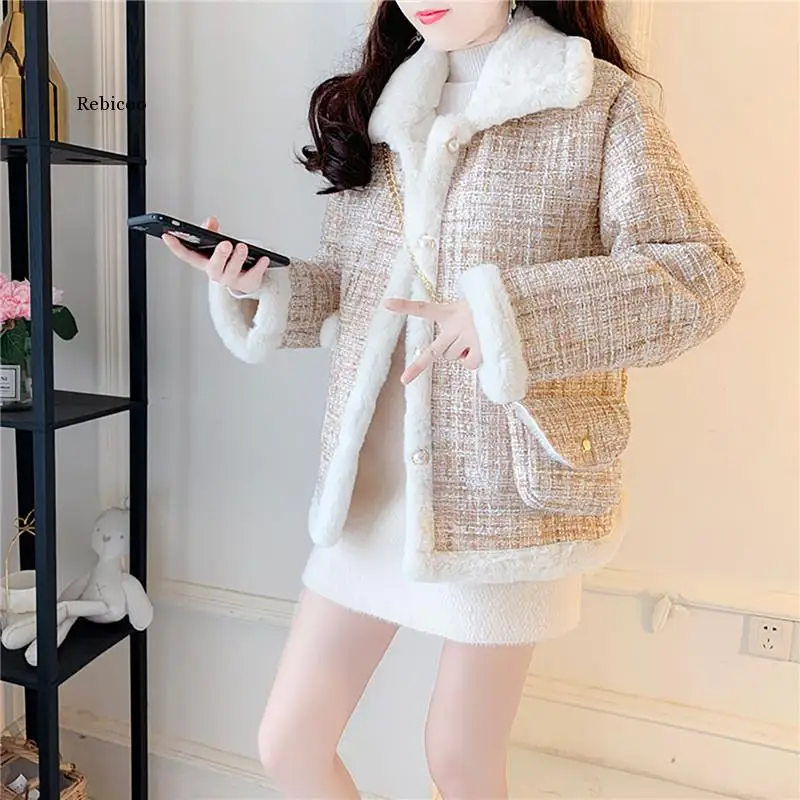 Faux Fur Temperament Lovely Thick Tweed Stitching Lambswool Casual Single-Breasted Pocket Coats Female+Chain Bag