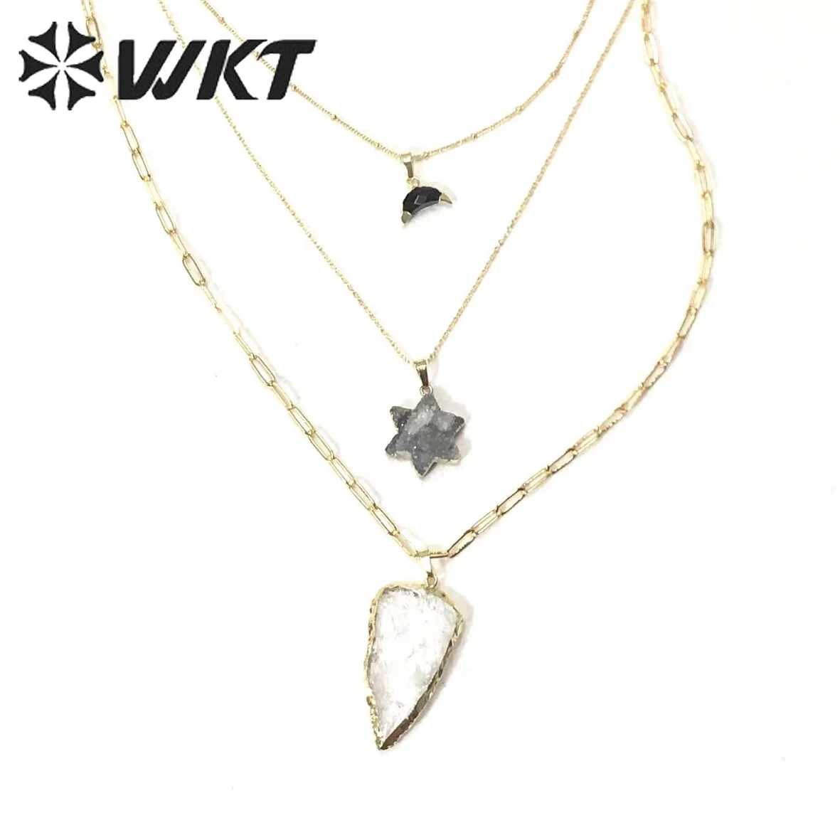 

WT-N1326 Pretty Natural Stone Black Agates Druzy Quart With Gold Electroplate Crystal Pendants Nice Necklace For Women ACC