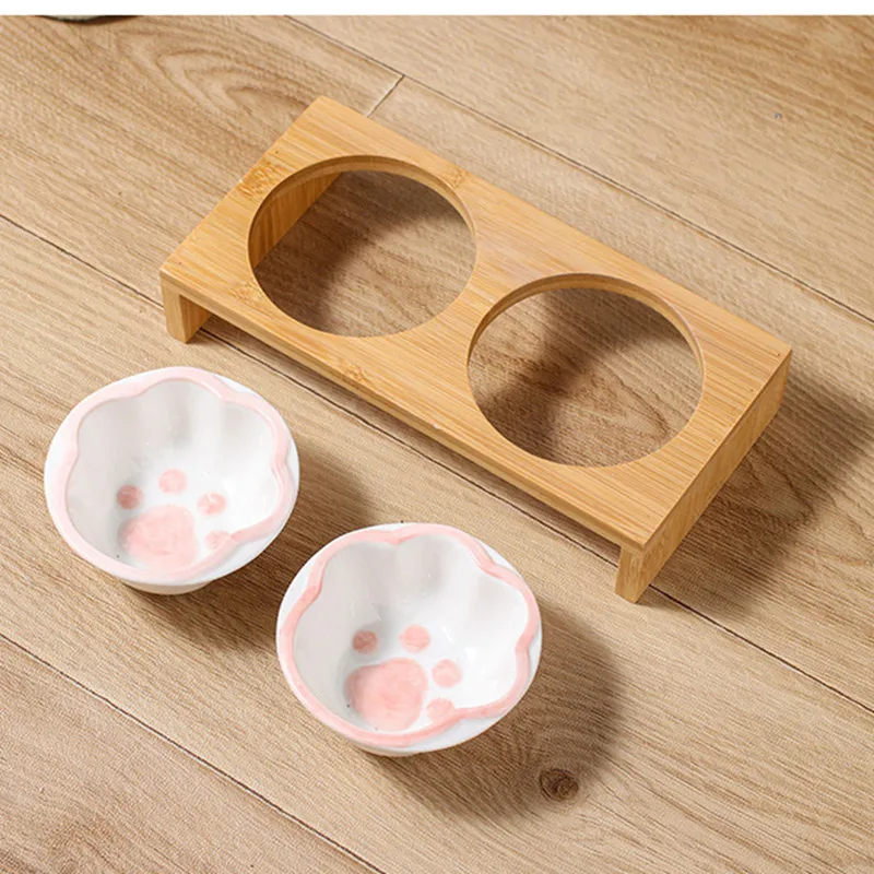 Fashion Cartoon Paw Design Pet Bowls Raised Dog Cat Feeder Solid Wooden Stand Ceramic Food Feeding Bowl Cats Puppy Accessories