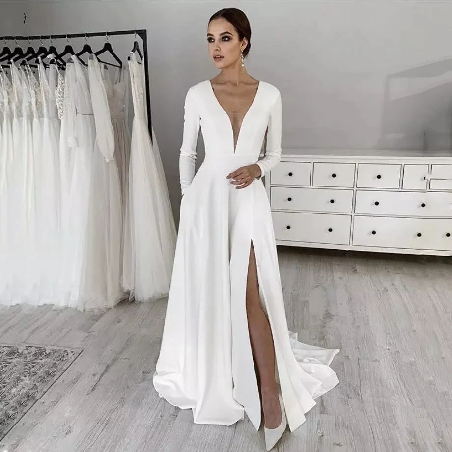 Fdhaol vestido de casamento de cetim, vestido para festas de casamento, manga longa, elástico branco