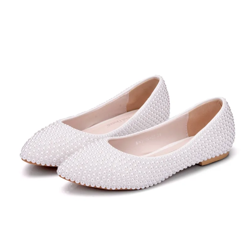 Women Flats Ballet Shoes PU Leather Breathable White flat bridal pearl wedding shoes Women Boat Shoes Ballerina Ladies Casual