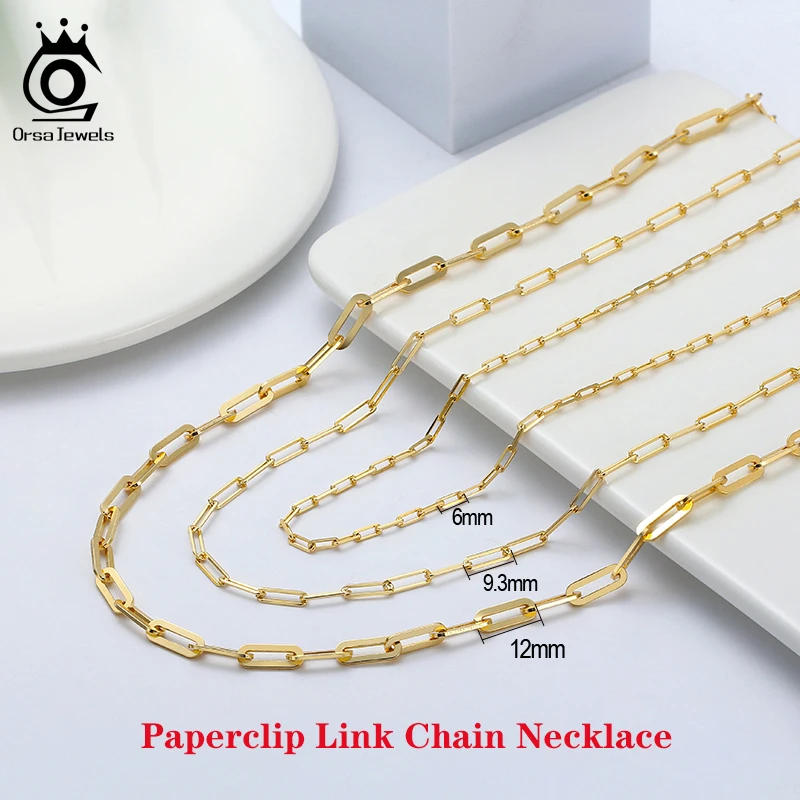 Rinntin Silver 925 Real Paperclip Neck Chain with 14k Gold Plated Fashion Chain Necklaces for Women Men Silver Jewelry SC39