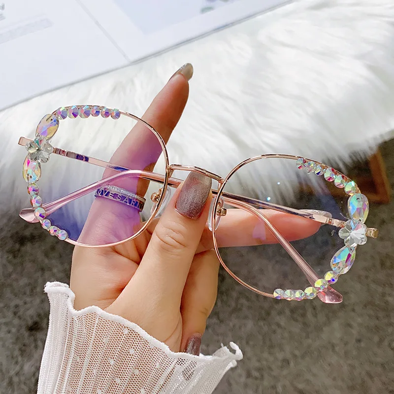 High Quality Blue Light Blocking Glasses Luxury Rhinestone Reading Glasses Anti-fatigue Eye Protection Eyeglasses Optical Lens