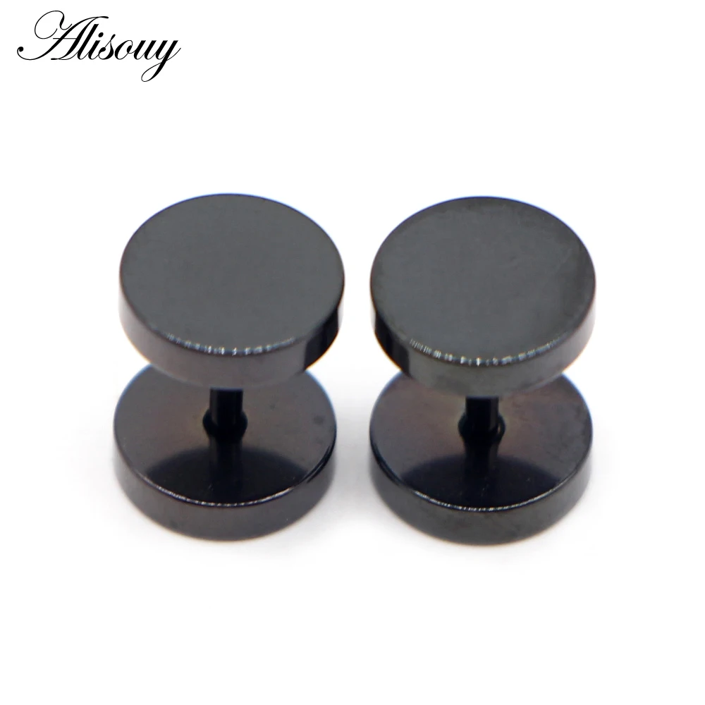 Alisouy 2pcs Gothic Stainless Steel Barbell Round Stud Earrings For Women Men Dumbbell Pierceing Earrings Punk Fashion Jewelry