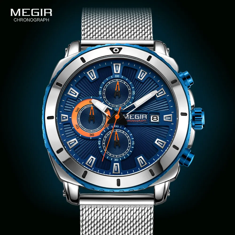 Megir Watches Men 2020 Luxury Mesh Strap Business Quartz Watch for Man Top Brand Waterproof Army Sport Wrist Watches Blue Face