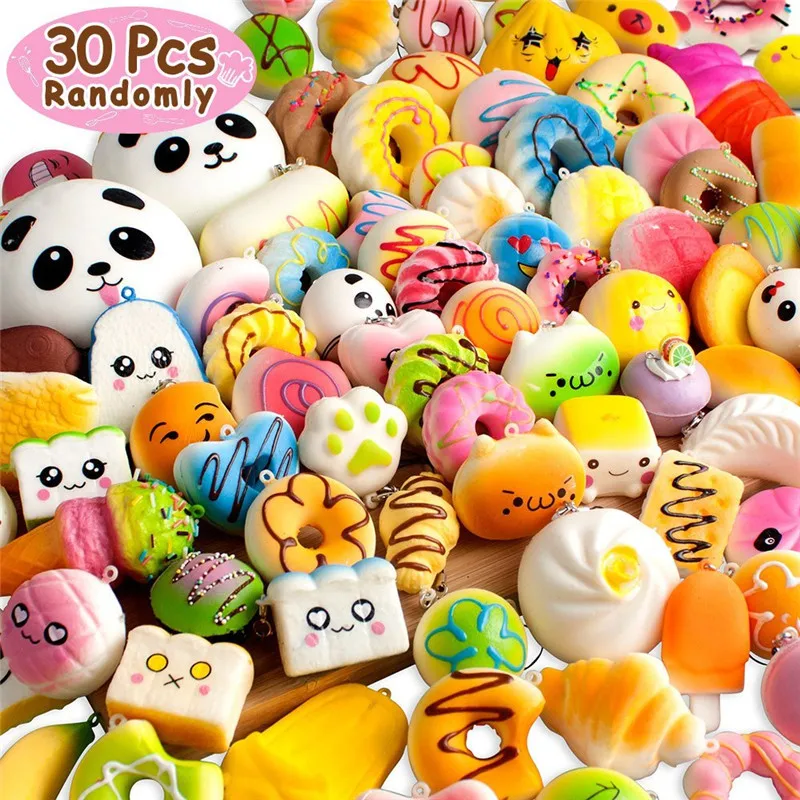 30pcs Mini Mixed Squishy Slow Rising Simulation PU Bread Soft Squeeze Toys Phone Straps Stress Relief Joke for Kid Xmas Gift Toy