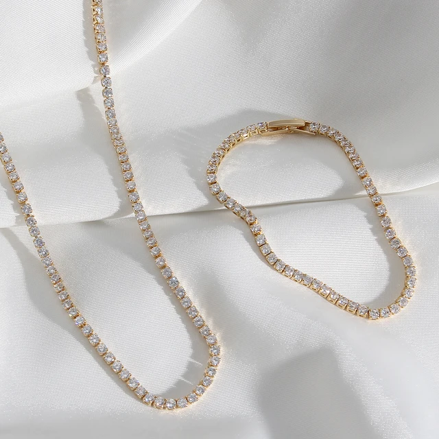 E.B.belle New Blingbling Romantic AAA Zircon Stone 14K Gold Plated Choker Necklace Tennis Chain Necklace Bracelet Jewelry Set