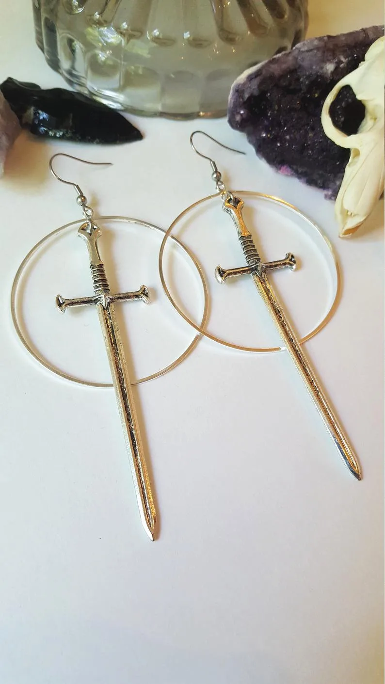 Swords metal hoop earrings Witchy warior pagan vikin alternative gothic medieval silver color Classic tarot CARDS gift women