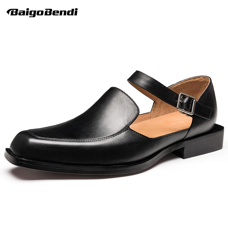 

Size 37-44 Recommand ! Full Grain Leather Square Toe Men's Sandals Cool Boy Summer Casual Shoes Mature Man Must Have