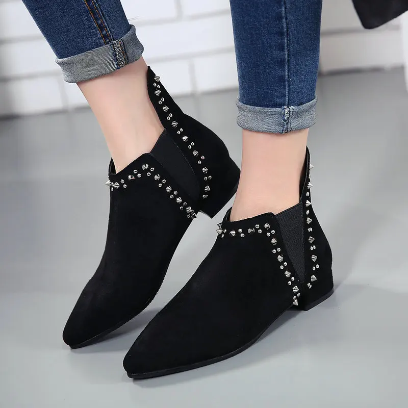 

Women Suede Leather Boots Qualiy Pointed Toe Shoes Ladies Casual Autumn Winter Rivets Shoes botines