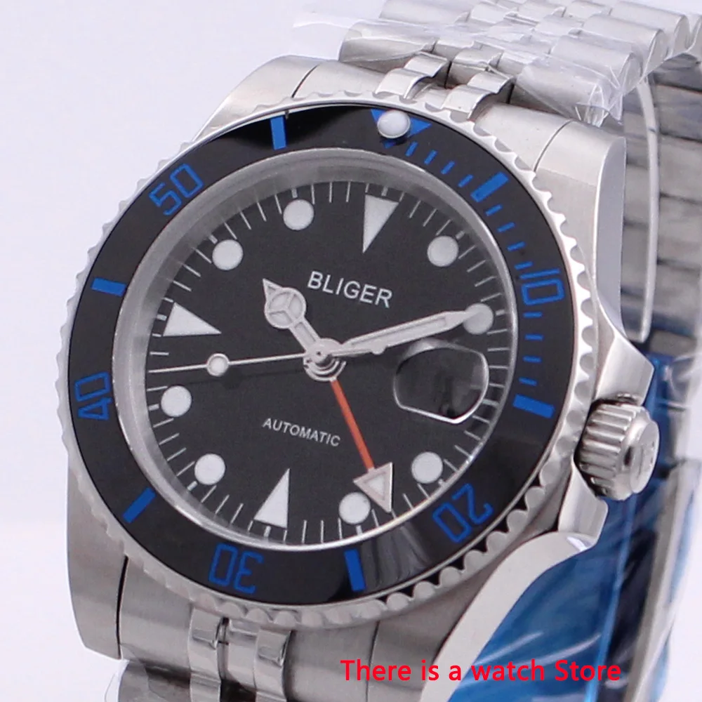 

Bliger 40mm Automatic Mechanical Mens Watch Business Sapphire Crystal GMT Watch Luminous Waterproof Calendar Wristwatch Men