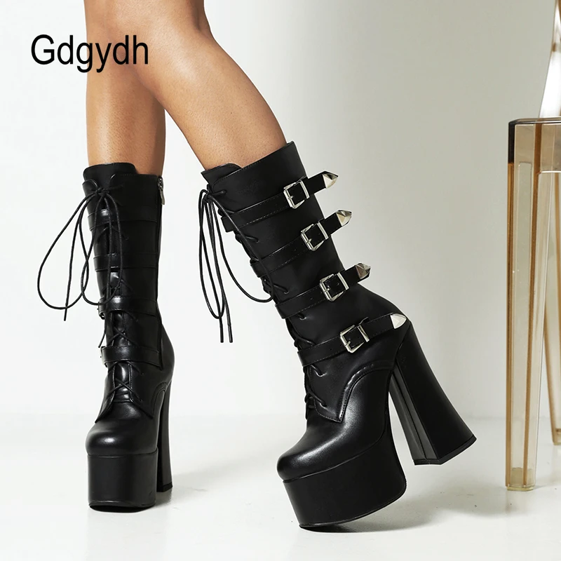 Gdgydh Lace Up Buckled Long Black Patent Boots With Chunky Heel Fashion Dance Boots Women High Quality Fall Platform Thick Sole