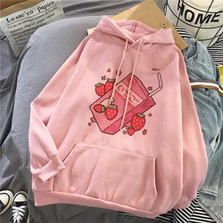 Cute Cartoon Strawberry Juice Japanses Fashion Aestheti Print Hoodie Long Sleeve Sweatshirt Pullovers Women Ullzang Hoody Female