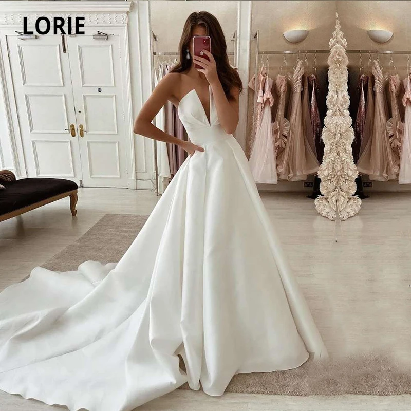 LORIE-vestidos de novia de satén con cuello en V, vestido de novia elegante, línea A, tren de barrido, vestido de novia de campo, nueva moda