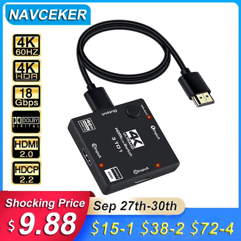 2023 Best HDMI Switch 4K 60Hz HDMI Switcher 3 Ports HDMI Switch Adapter 3 in 1 out HDMI Switch 2.0 Converter For PS4 Pro TV BOX