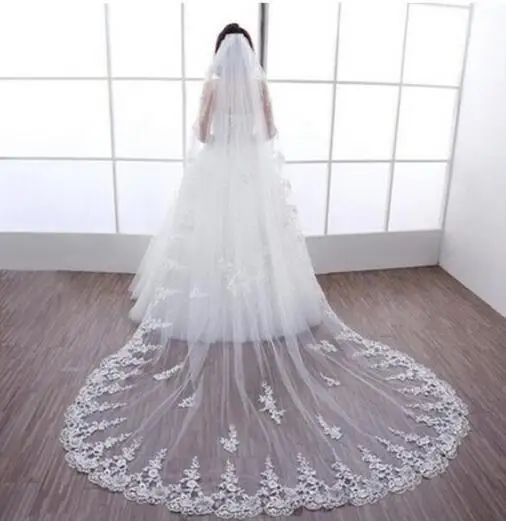 Wit/Ivoor Kathedraal Lange Bridal Veil Een Layer Bruiloft Sluier Kant Bruiloft Sluier