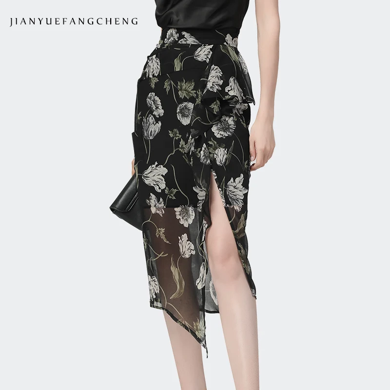 

Fashion Chiffon Floral Printing Skirt Women Summer New Mid-Length Asymmetrical Split Design Lightweight Elegant One Step Skirts