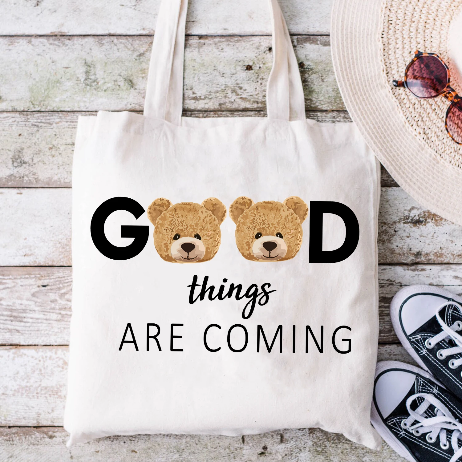 

BLINGPAW Canvas Tote Bag Teddy Bear Good Things Are Coming Letter Print Funny 100% Cotton Reusable Shopping Bag Eco