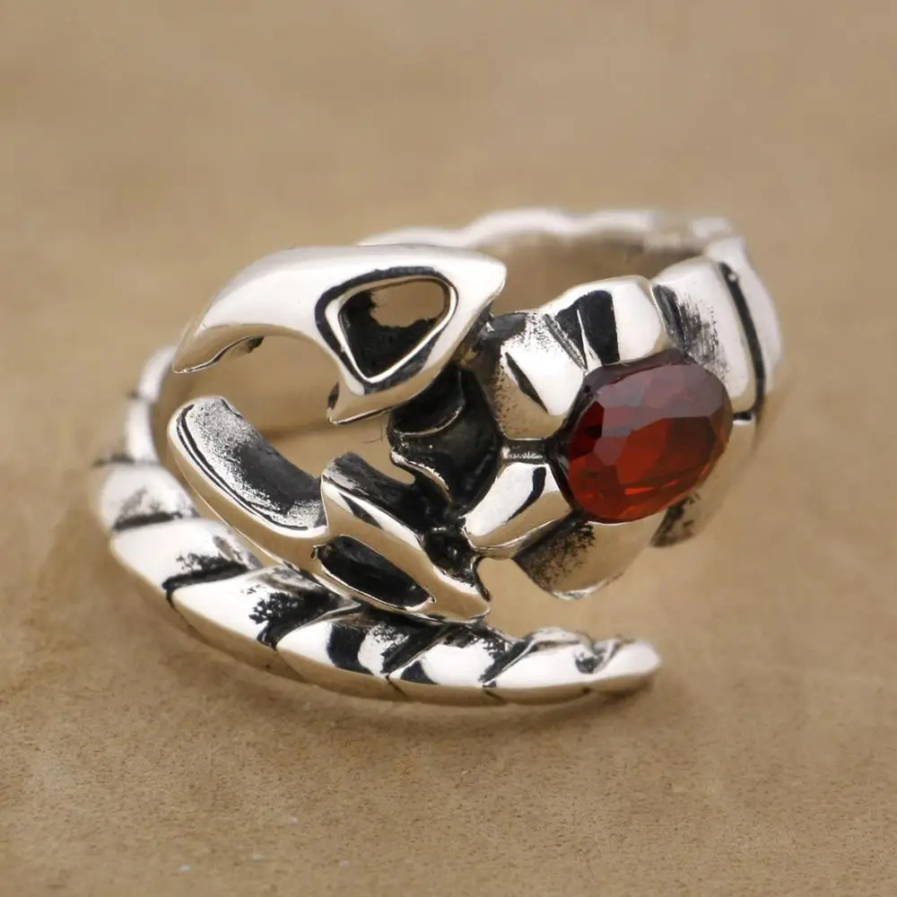 925 Sterling Silver Red CZ Stone Tribal Scorpion Mens Biker Ring 9D002