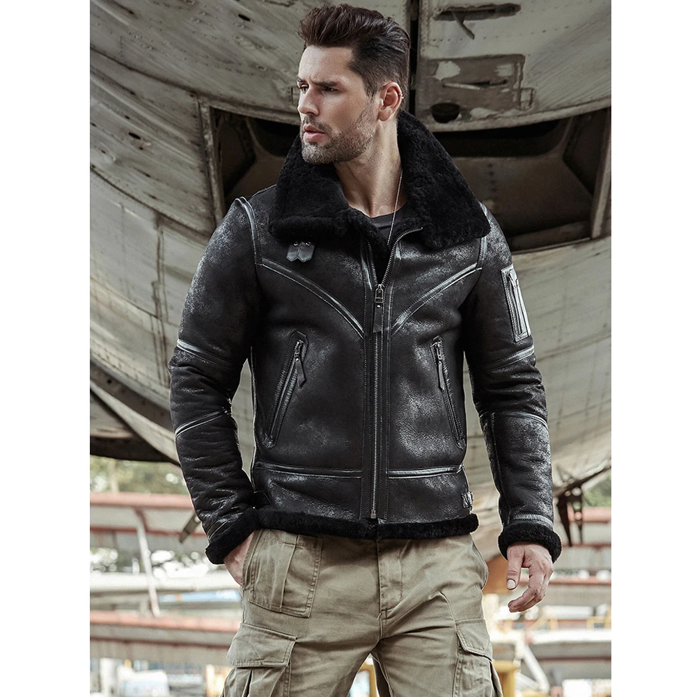 Denny&Dora Men's Black Shearling B3 Flight Jacket Sheepskin Aviator Winter Coat Fur Bomber Leather Outerwear