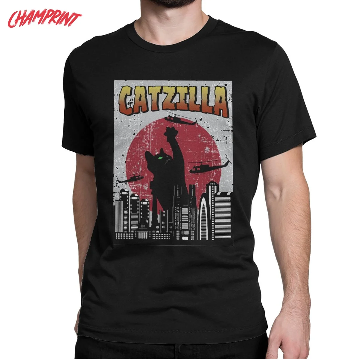 

Catzilla T-Shirts for Men Japanese Cat Kitten Lover Vintage Cotton Tees Crew Neck Short Sleeve T Shirts Summer Tops