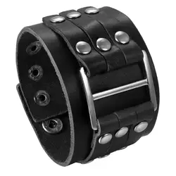 BONISKISS Cool Style Wide Big Buckle Rivet Genuine Leather Bracelet For Men and Women Adjustable Cuff Wristband Bracelet Bangle