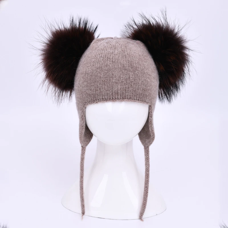 Jxwatcher Winter Kids Beanie Hat Real Big Cute Two Fur Pom Pom Cap Boys Girls Baby Wool Knitted Warm Beanie Children Ears Hats