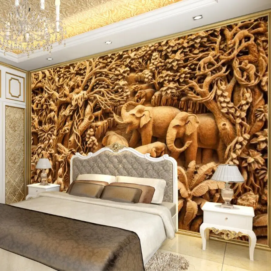 beibehang Custom wallpaper 3d mural relief wood carving elephant forest TV background wall paper 3d wallpaper