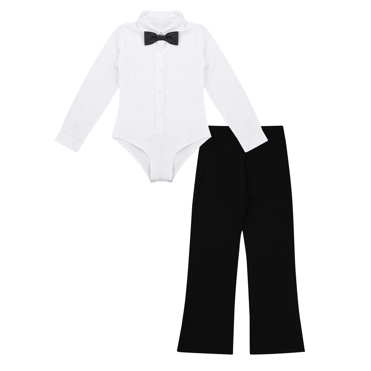 Kids Boys Jazz Dance Performance Costume Latin Ballroom Salsa Dance Outfit White Color Bodysuit Shirts Long Pants and Bowtie Set