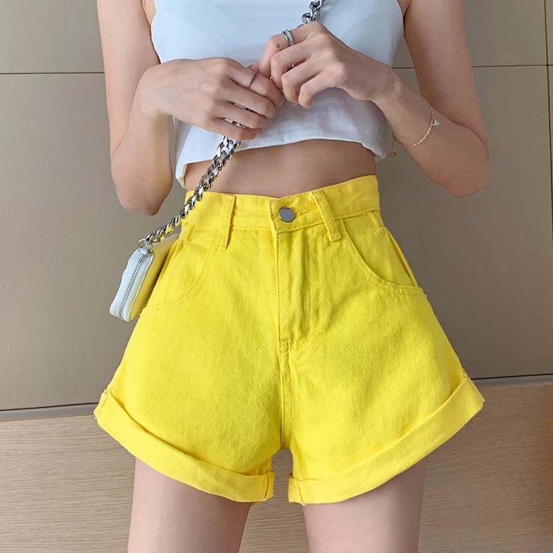 2021 Denim Shorts Women's Pocket Blue Short Jeans Khaki Wide Leg Elastic Waist High Waist Shorts Women Summer Roll Up Hem Shorts