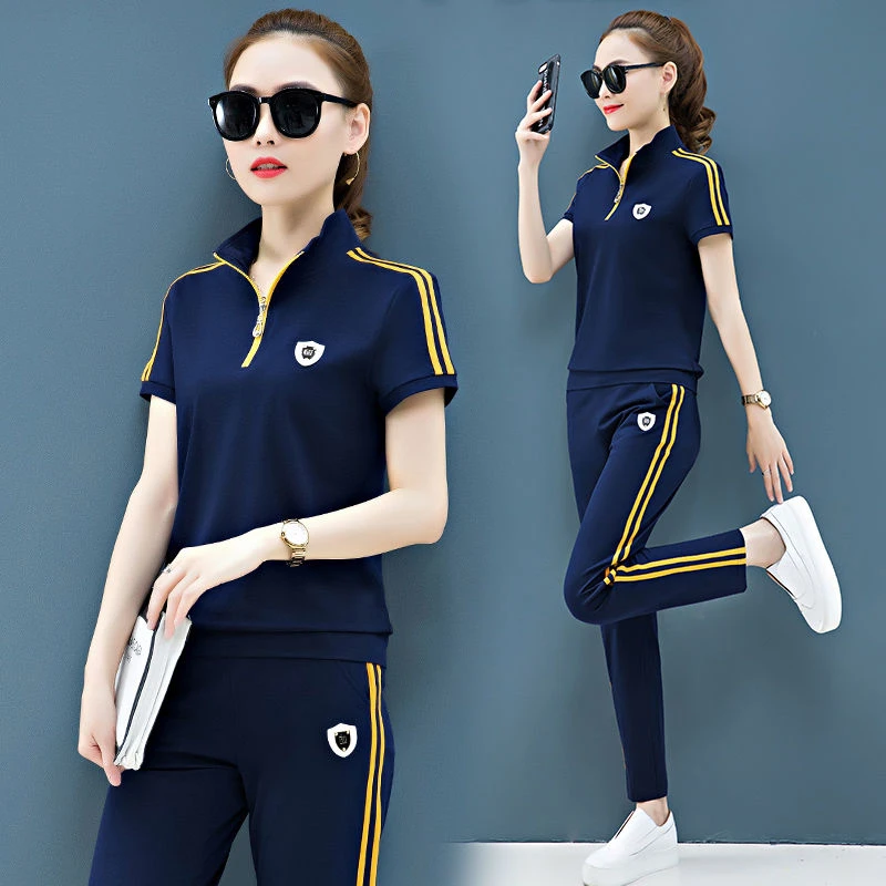 Casual Jogging Tracksuit Women Big Size Two Piece Set Summer Outfits Fashion Stand Collar Short Sleeve Sweatshirt And Pant Suit