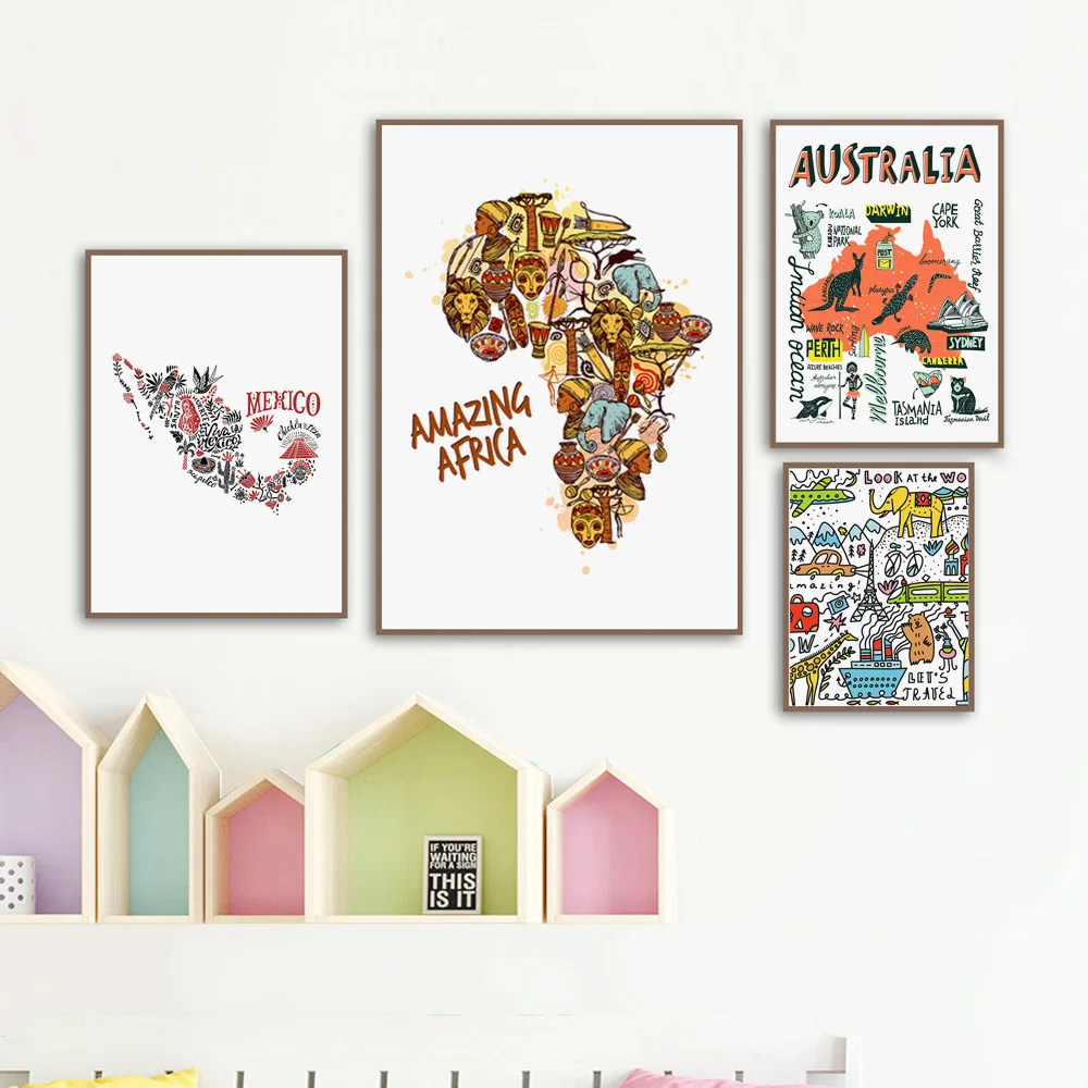 Mexico Africa Australia Map Travel Animals Wall Art Canvas Painting Nordic Posters and Prints Wall Pictures Baby Kids Room Decor